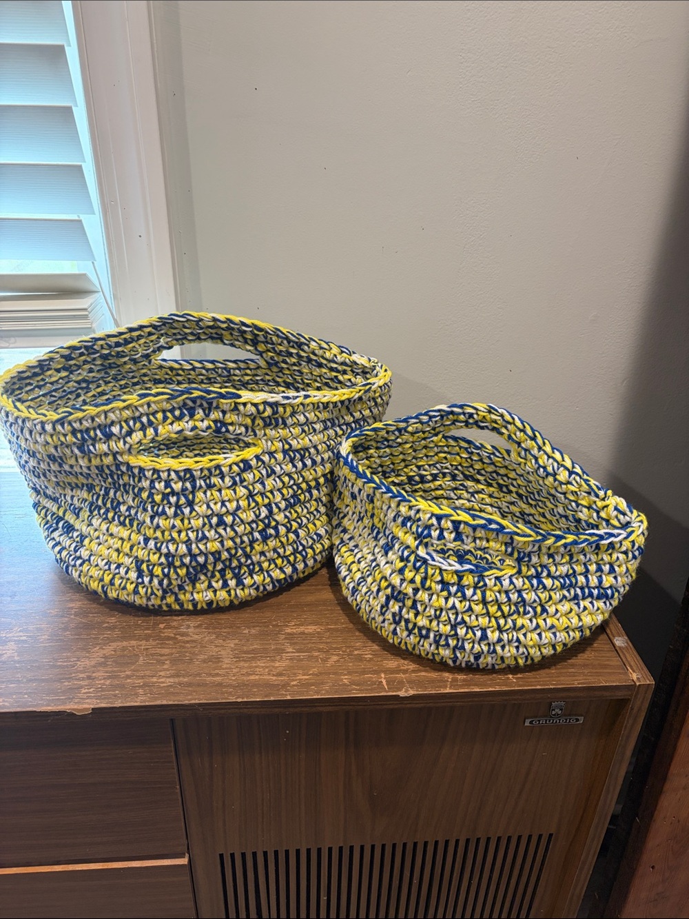 Crochet Blue, White & Yellow Storage Basket Set Handmade - Picture 2 of 4